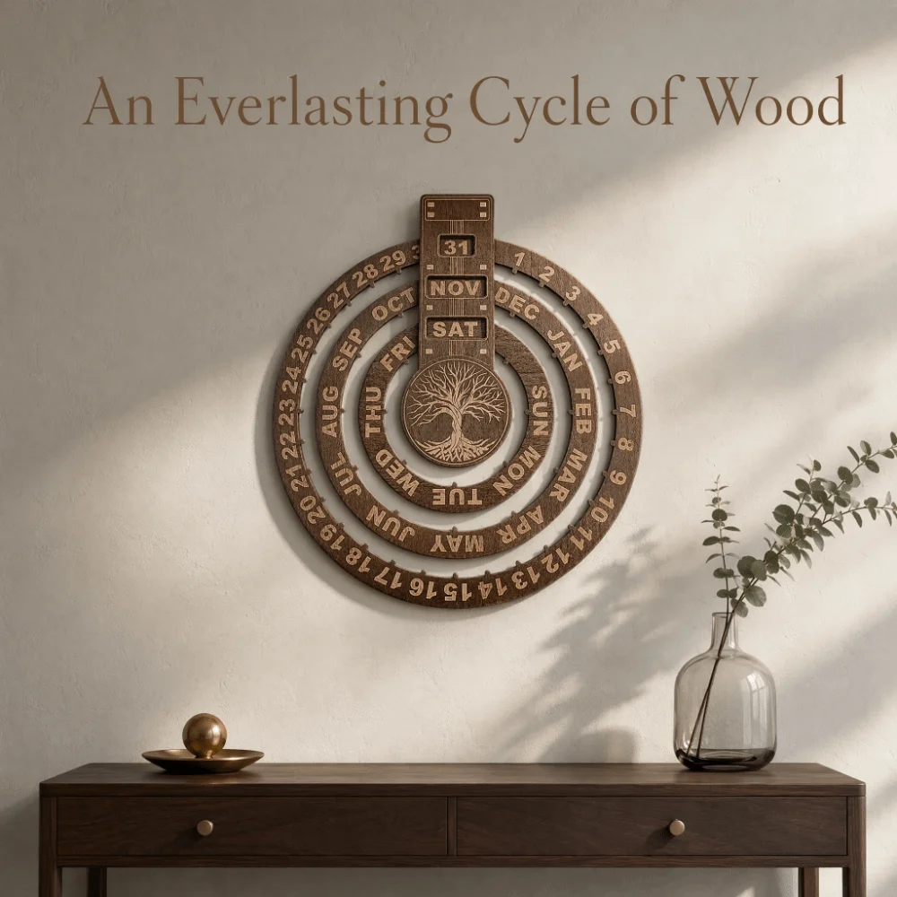 12.01X10.83in Wooden Perpetual Calendar Circular Disc Moon Phase Display Rotating Calendar Round Dial Adjustable Day/Month/Week