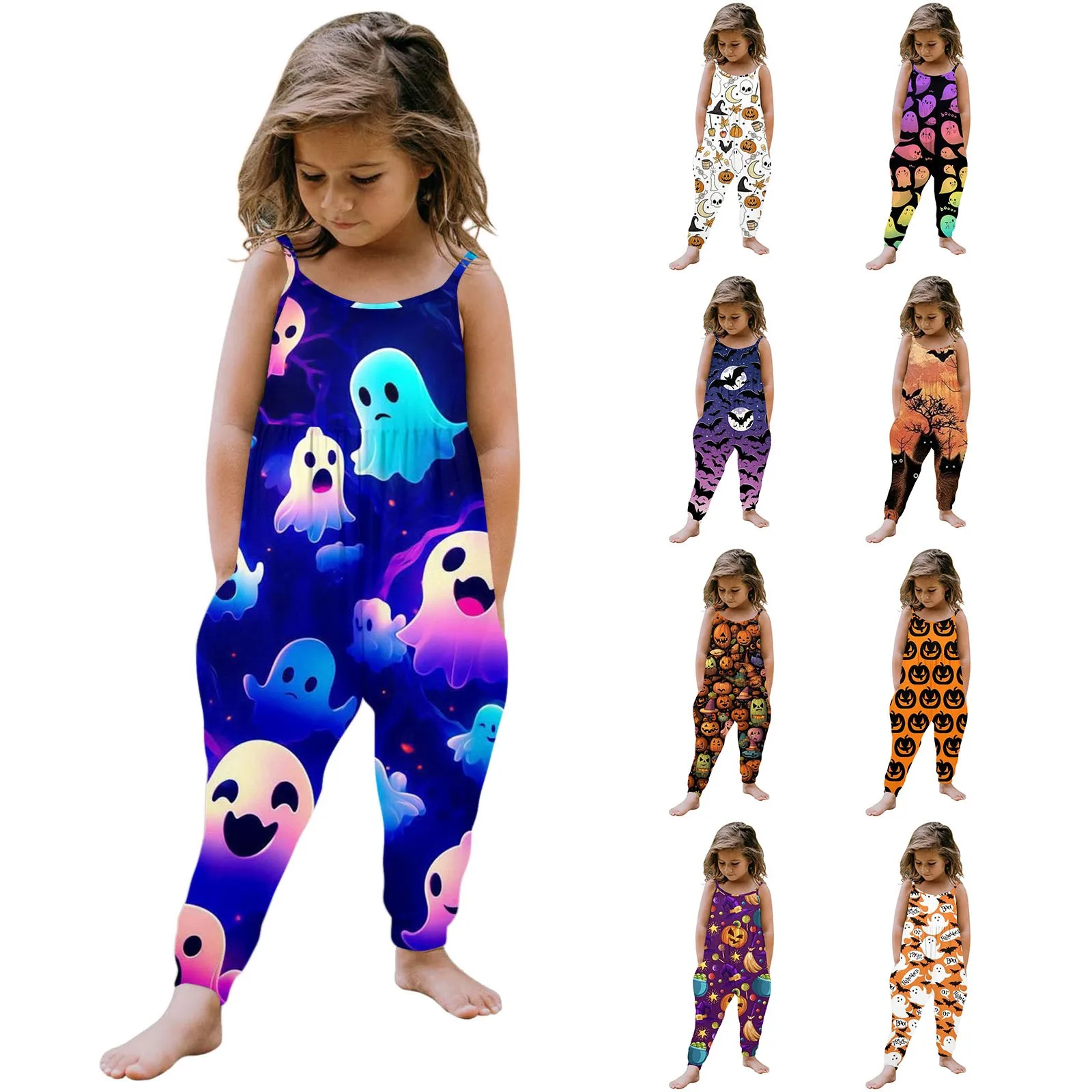 Baby Halloween Romper Casual Halloween Girl Ghost Prints Sleeveless  Camisole Jumpsuit Halter Pants Children Jumpsuit Pajamas