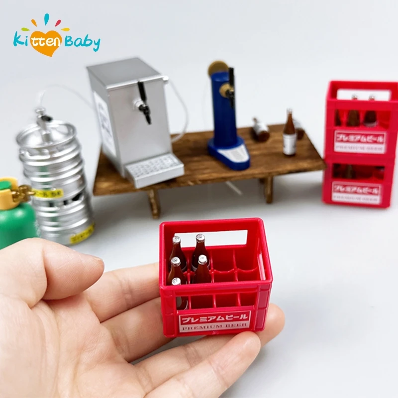 1/12 Dollhouse Miniature Beer Bottle With Basket Beer Machine Model Doll Bar Scenes Decor Toy Micro Scene Photo Props