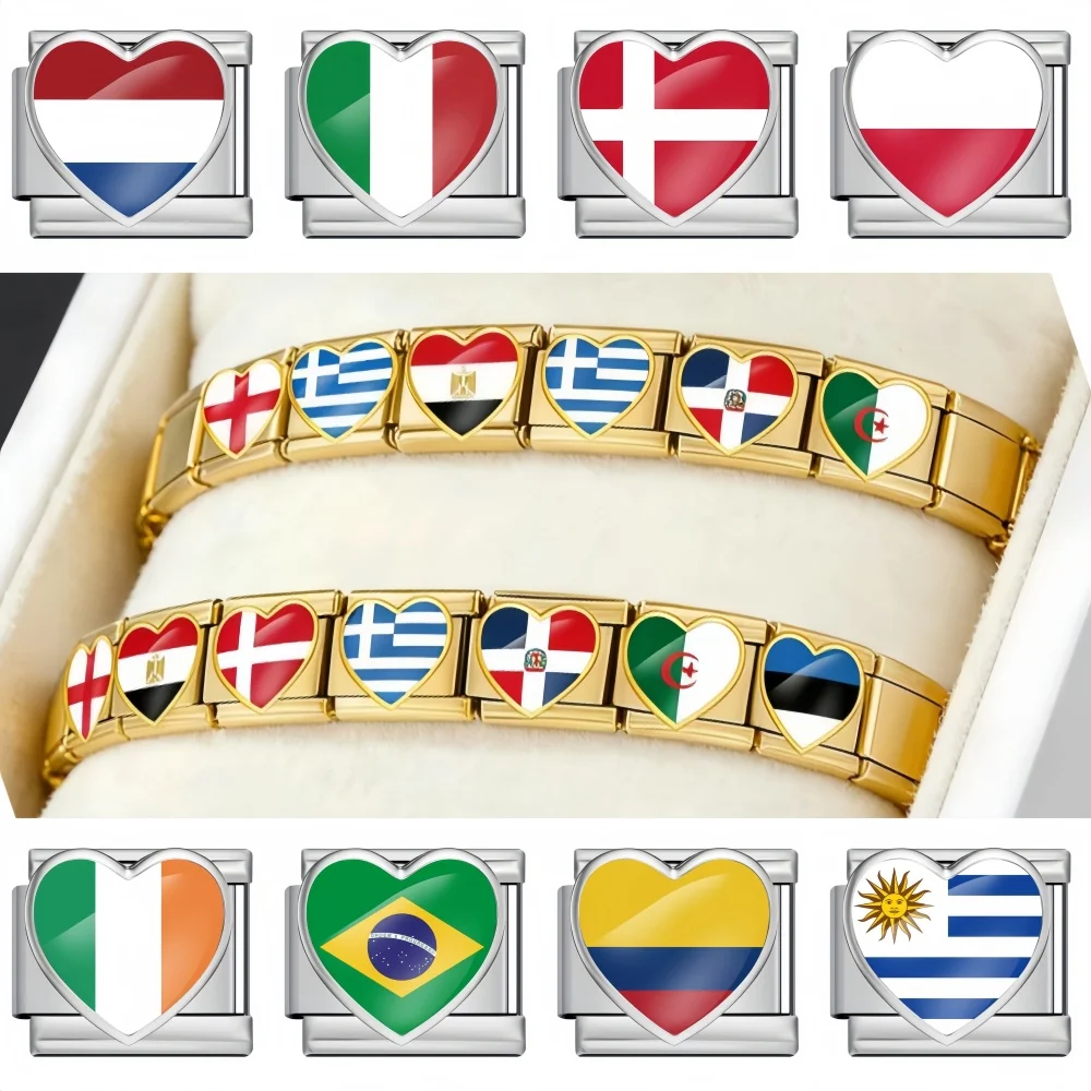 New Fashion Love Heart Women Men World National Flag Italian Charm Bracelet Beads Fit 9mm Stainless Steel Making Jewelry Gifts
