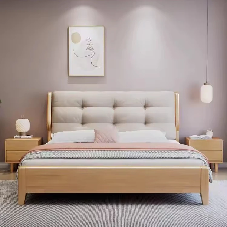 

Home Furniture Bedroom Heavy Duty Wood Platform Dormitory Bed with Wood Headboard, Modern Double Bed Frame
