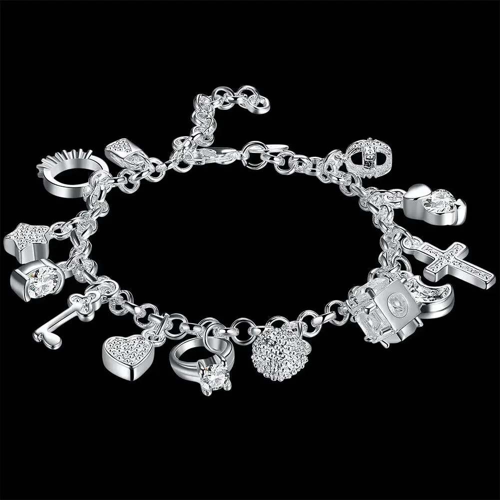 8 Inch 925 Sterling Silver Cross Ring Heart Lock Key Ladies Charm Bracelet Chain