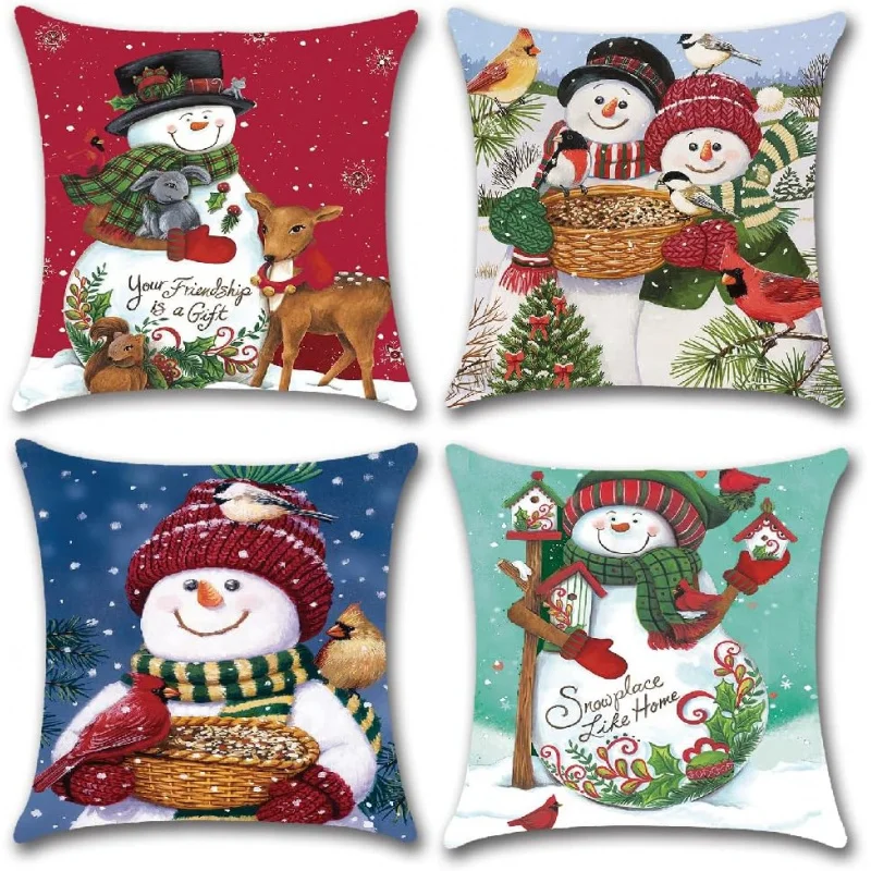 Christmas Snowman Pillows Case for Couch Colorful Xmas Festival Throw Decorative Christmas Cushion Covers,4 Pack