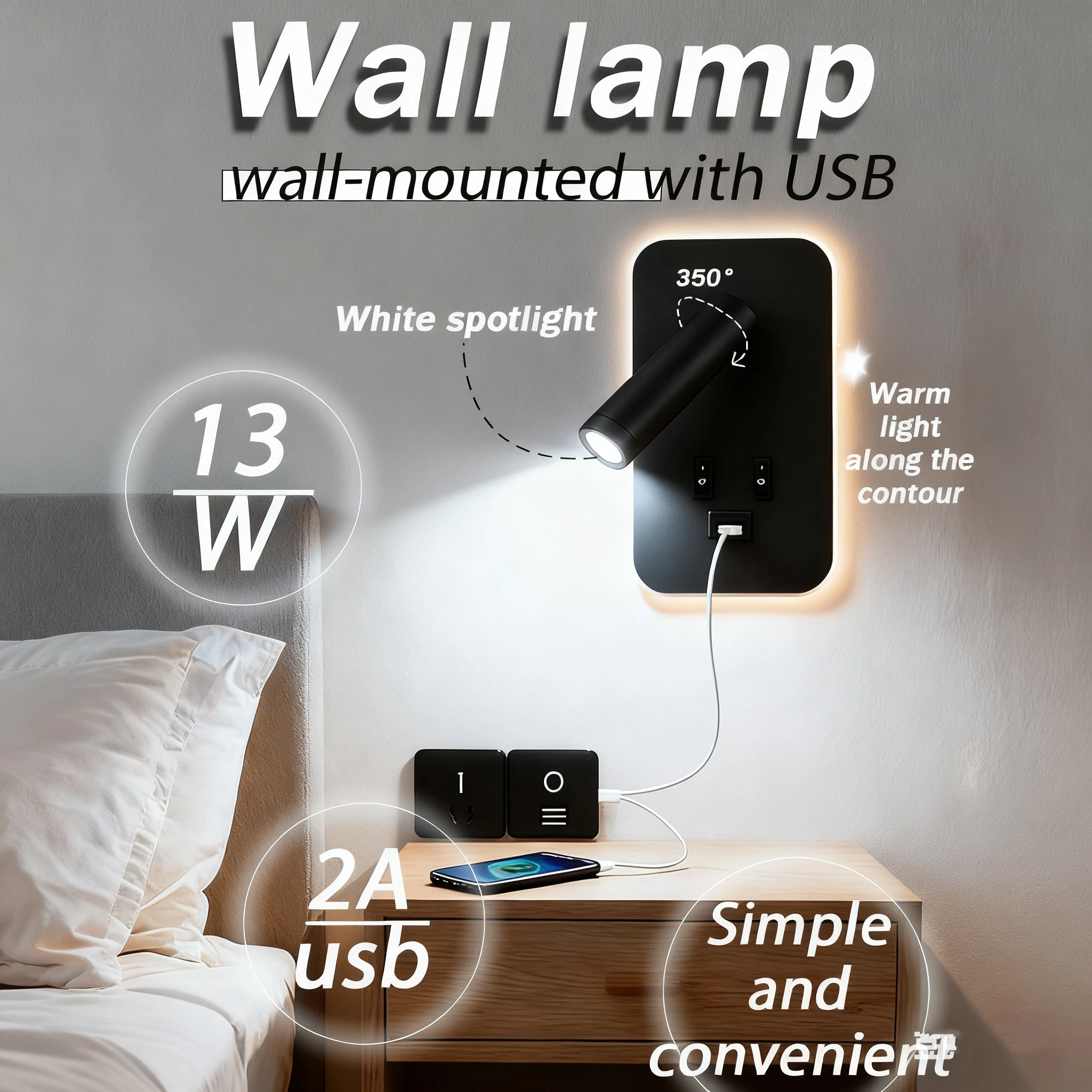 Reading Wall Lamp with USB 13W Rotatable Bedside Wall Light Double Switch LED Bedroom Spot Lights