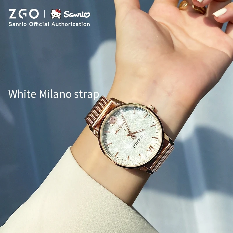 Zgo X Lil\' hellokitty cinnamon rose gold light luxury waterproof quartz watch for female student 2361