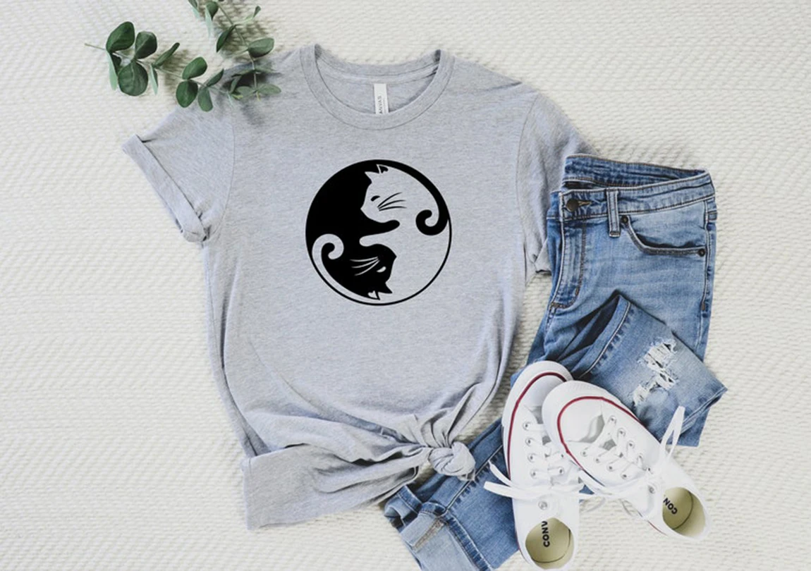 

Custom Cat Yin Yang Design T Shirt For Women Cat Lover Personalized Cat Mom Casual Cotton Short Sleeve Daily Fashion Tops
