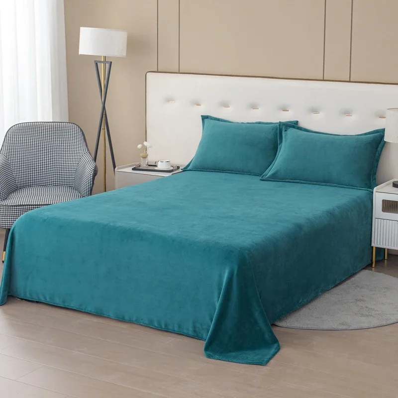 Ultra Soft Micro Fleece Bed Sheet with 2 Pillowcase Milk Velvet Plush Warm Solid Flat Sheet Suitable for Fall Winter and Spring