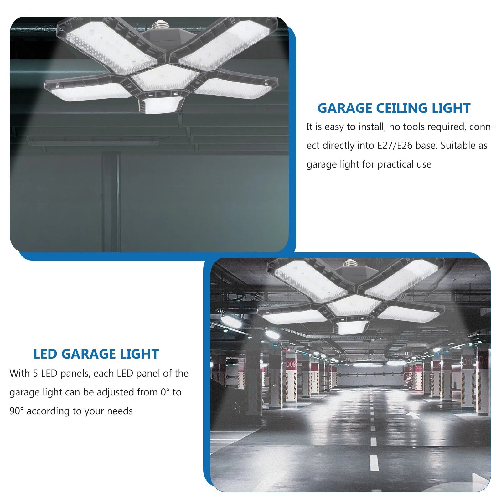 Five Panel Deformable LED Garage Light Adjustable Angle Foldable Ceiling Light Garage Industrial Warehouse Illumination Bright