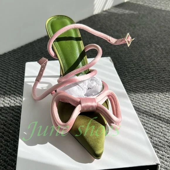 

Lady Pointed Toe Mix Color Bowtie Satin Pumps Slingback Buckle Strap Sexy Pointed Toe Green Elegant Summer Dress Footwear Size