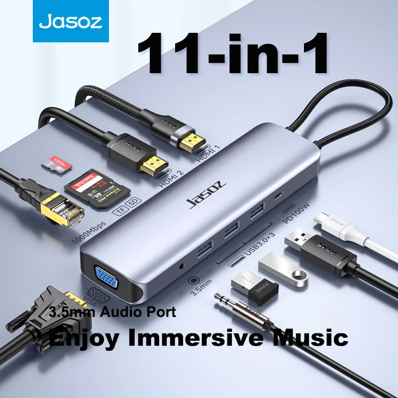 Jasoz USB C HUB Type C to HDMI RJ45 USB 3.0 Adapter 8 in 1 USB C to USB Dock Station For MacBook Pro Air Switch USB C Splitter