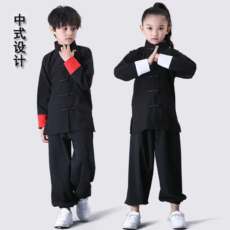 Seragam Kung Fu anak pakaian tradisional Cina untuk anak laki-laki perempuan Wushu kostum celana atasan Set pakaian panggung rakyat Tai Chi