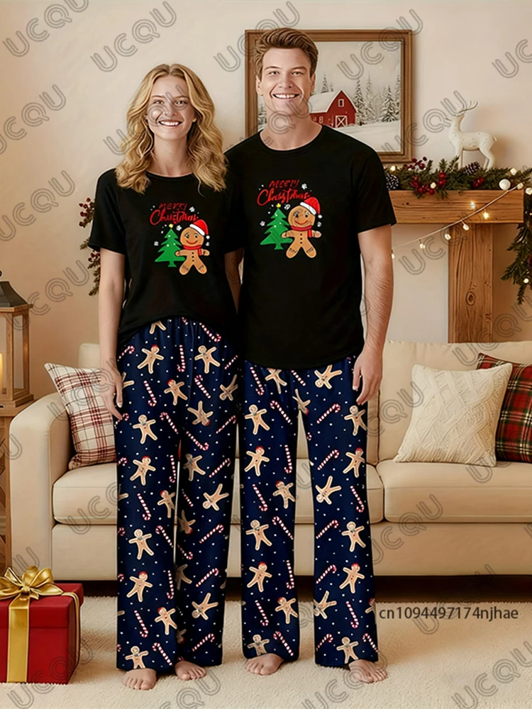 

2026 Men's Tracksuit Christmas Gingerbread Man Print Autumn Short Sleeve Tshirt+Pajamas Pant Couples Casual Suit 2 Piece Sets