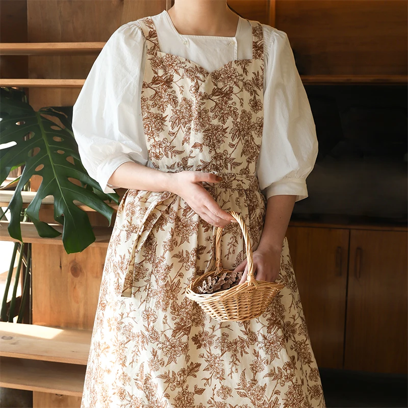 

1 pc New Women'S Cotton and Linen Apron Cover - Soft V-Neck, Cross Back Tie, Floral Print, Breathable and Wrinkle Resistant