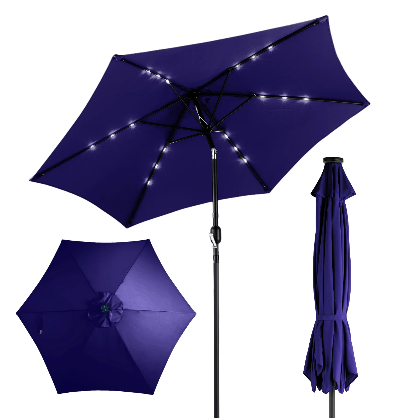 9ft Solar LED Patio Umbrella with Push Button Tilt & Crank, 6 Ribs Waterproof Polyester Outdoor Market Table Umbrella for Garden Backyard Pool, Navy Blue