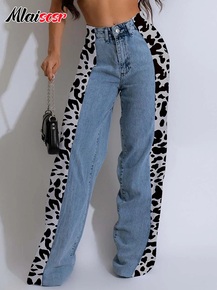 

Mlaiscsr Fashion Stretch Denim Wide Leg Pants Women High Waist Jeans Leopard Print Patchwork Color Block Straight Trouser y2k