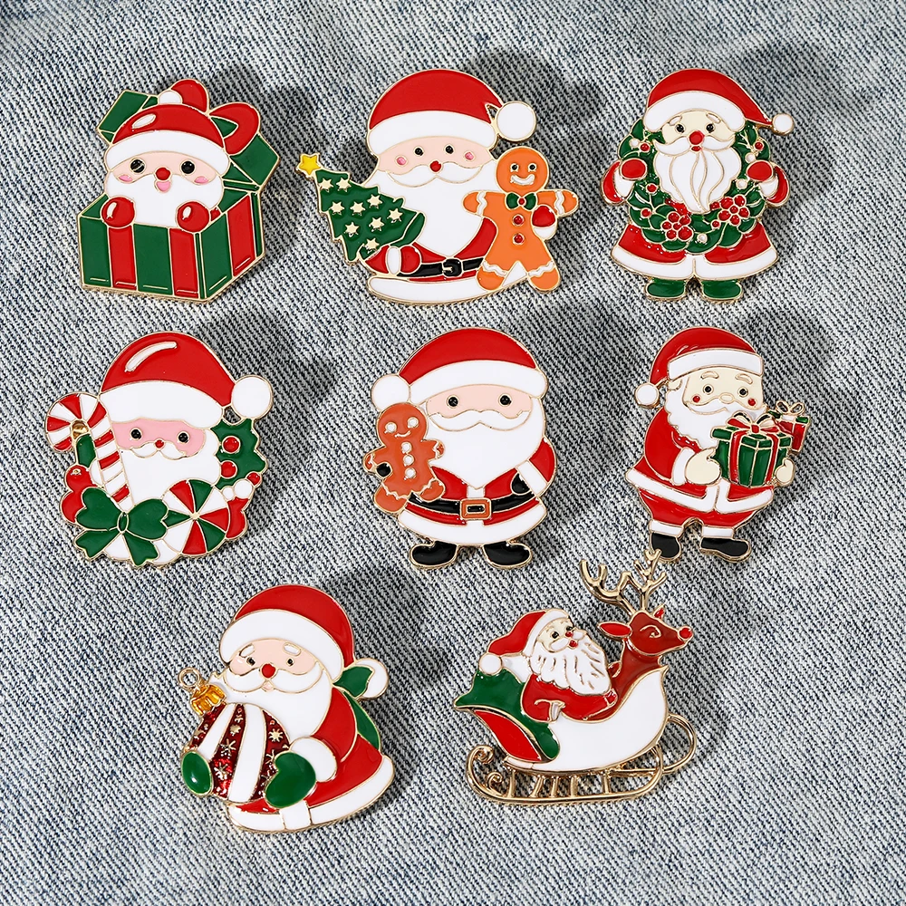 Pretty Santa Claus Theme Lapel Pins Christmas Wreath Candy Canes Tree Sleigh Reindeer Pattern Enamel Brooches Xmas Gift