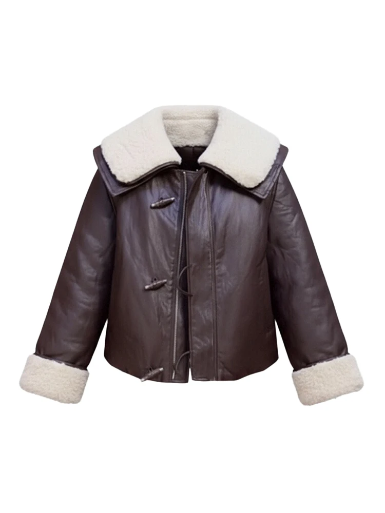 Vintage Fce Lined Leather Jaet Women's Loose Versatile Sli Agel Winter Coat Casual Ele Faionable Top