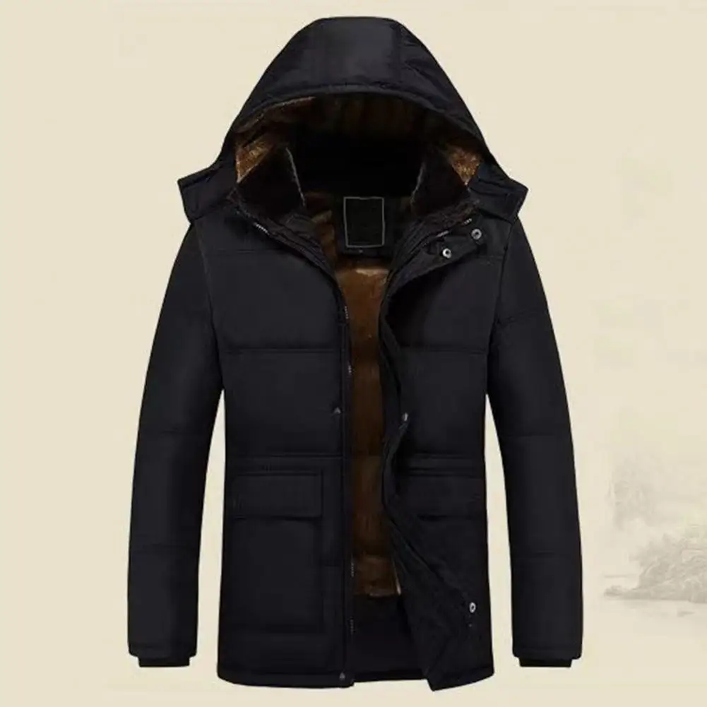 Men Insulated Hooded Jacket Men\'s Hooded Down Jacket with Plush Lining Windproof Design Long Sleeve Zipper Closure Coat