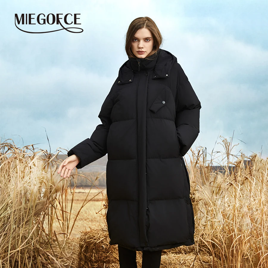 MIEGOFCE Women2024 Long Over-the-knee Thickened Parka Hooded Cotton Jacket Winter Cold-Proof Warm Pocket Split Hem Coat M91001