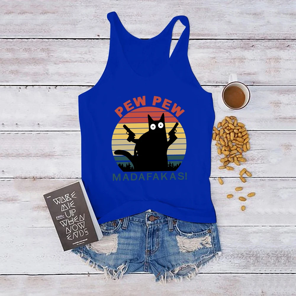 Seeyoushy Pew Pew Madafakas Black Cat with Knife Print Funny Tank Top Women Sleeveless Summer Loose Cartoon Vest Harajuku Shirt