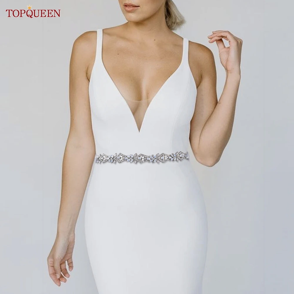 TOPQUEEN S485หรูหรา Rhinestone เข็มขัด Silver Opal Pearl Jewel Sash เงาผู้หญิงชุดแต่งงานเจ้าสาวเข็มขัด