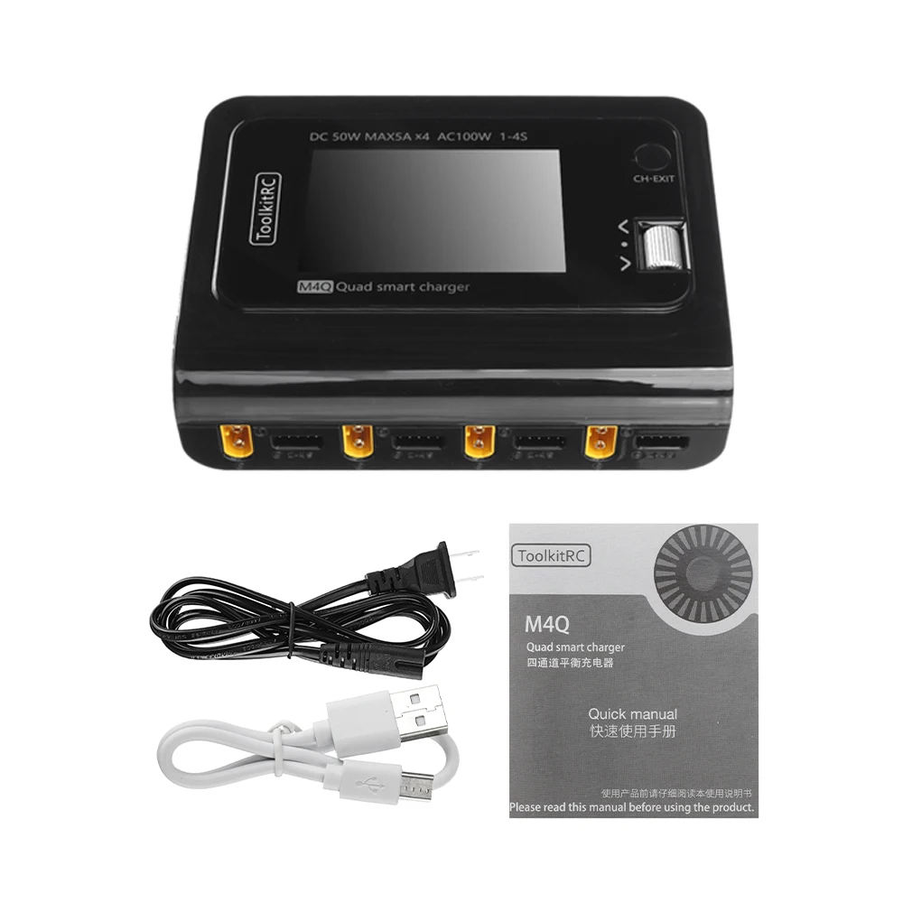

ToolkitRC M4Q 4x50W 5A AC 100W 4 Port DC Smart Charger XT60/XT30 Optional for 1-4S Lipo Battery