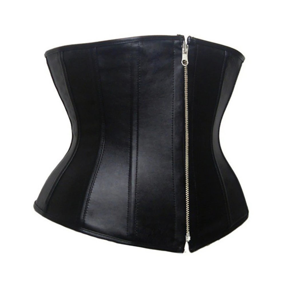 Black Faux Leather Zip Underbust Corset Bustier Women Waist Cincher