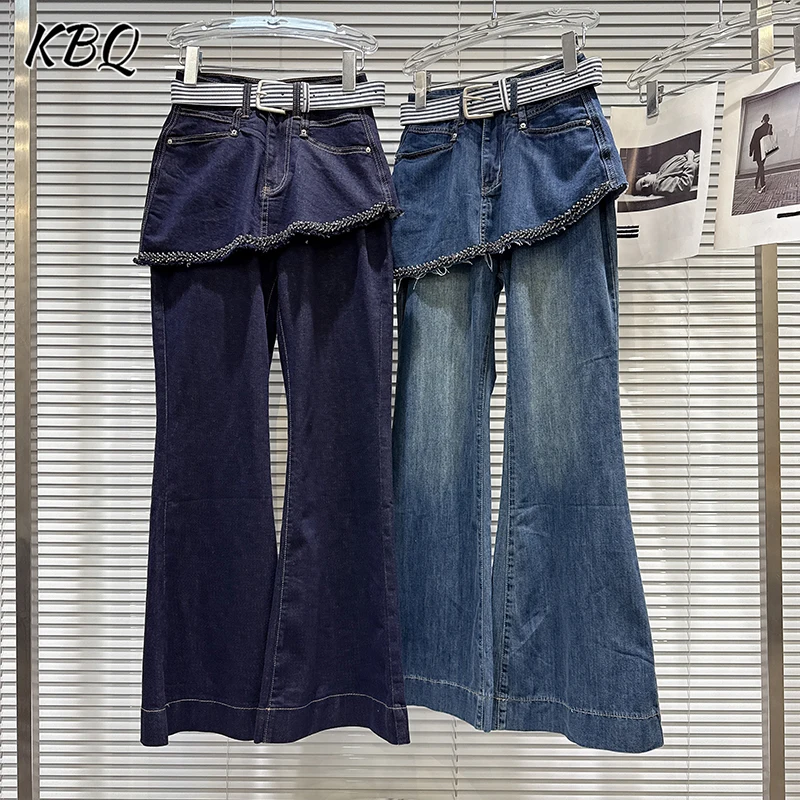 

KBQ Slimming Solid Spliced Folds Denim Pants For Women High Waist Patchwork Pockets Summer Temperament Trousers Female Fashion