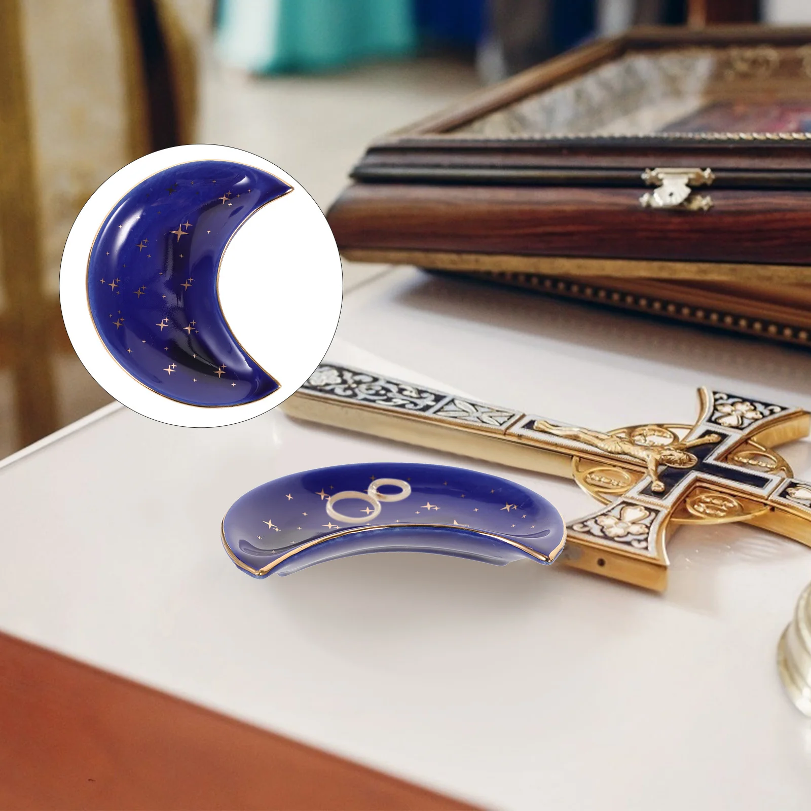 

1 шт. синий керамический поднос с луной, изысканный дисплей для ювелирных изделий для браслета, кольца, ожерелья, настольный поднос для хранения браслета, ожерелье, пластина