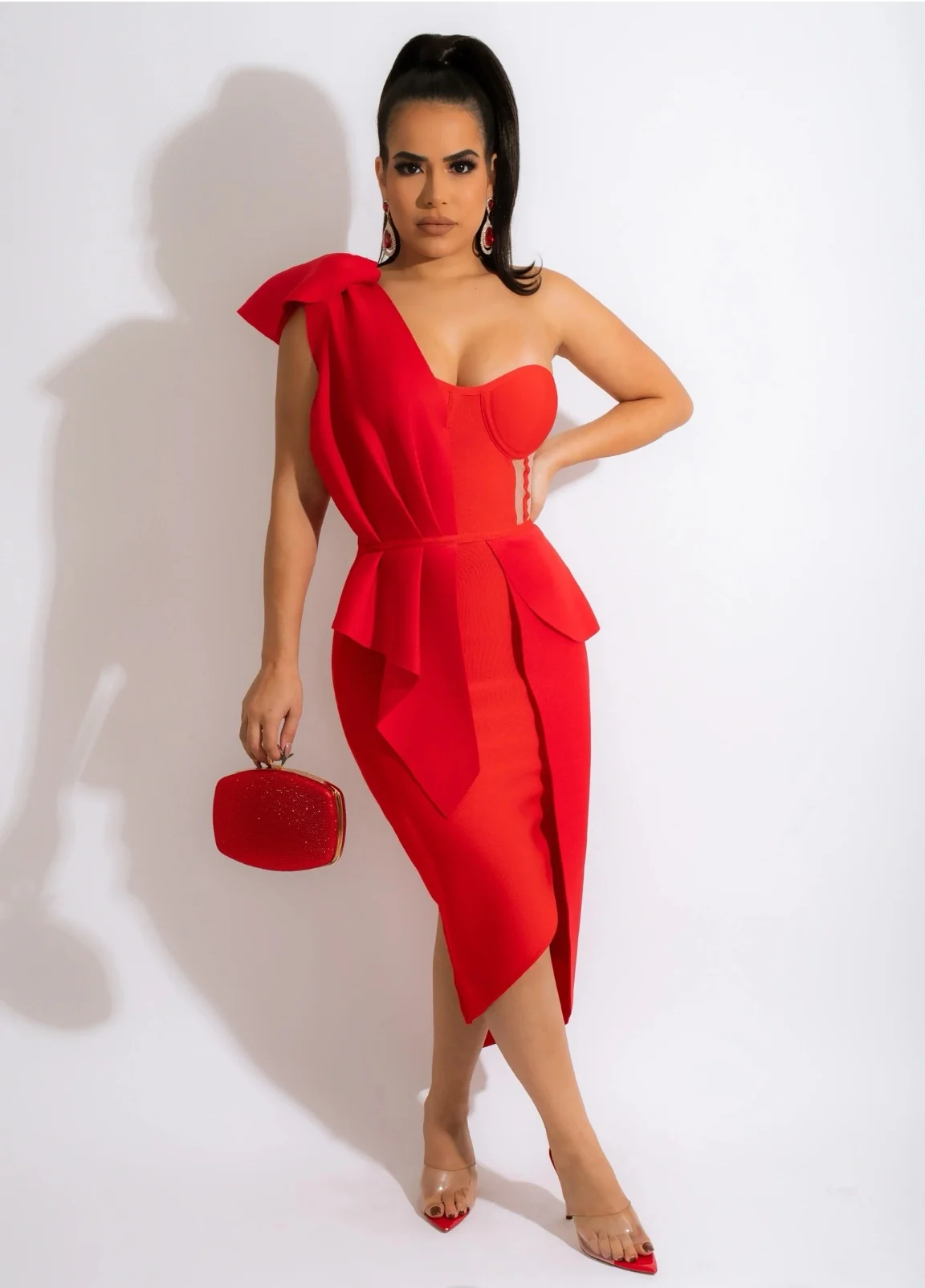 2022 High Quality Bandage Dress One Shoulder Sleeveless Irregular Mesh Ruffle Slit Patchwork Party Elegant Fashion Sexy Summer