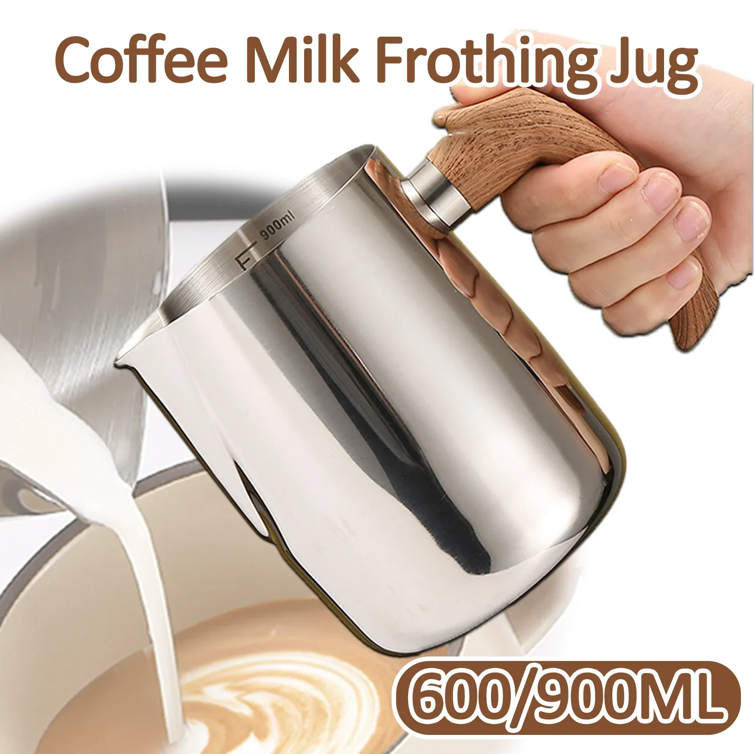 600/900ML Cangkir Kopi Latte Baja Tahan Karat Kendi Buih Susu Kopi dengan Pegangan Kayu Aksesori Kopi Kendi Seni Susu Barista