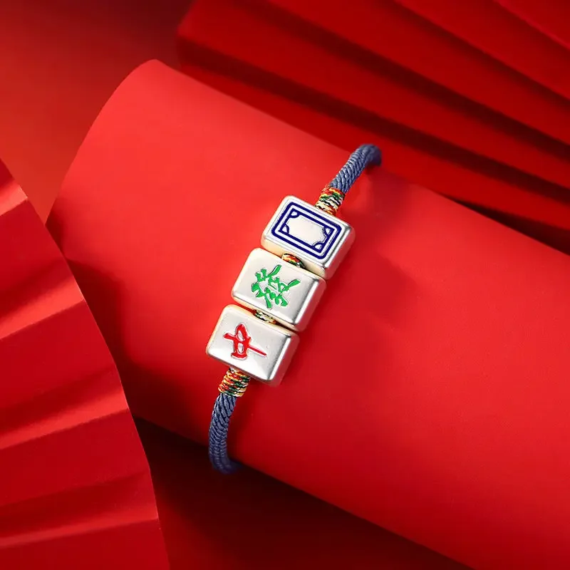 

Браслет из стерлингового серебра 999 пробы с символом Маджонг, унисекс, красный, с белой доской, южно-восточный и северо-западный стиль, плетеный вручную, украшение на руку