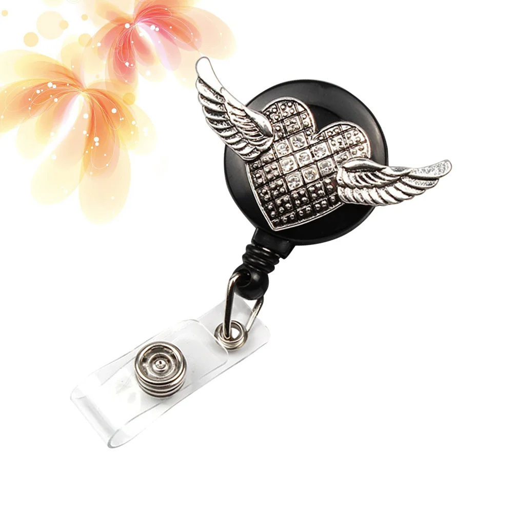 

Retro Wing Shaped Round Rhinestone Clips ID Sleeve Telescopic Buckle Retractable ID Badge Reel Clips Easy Pull Buckle Clip (Whit