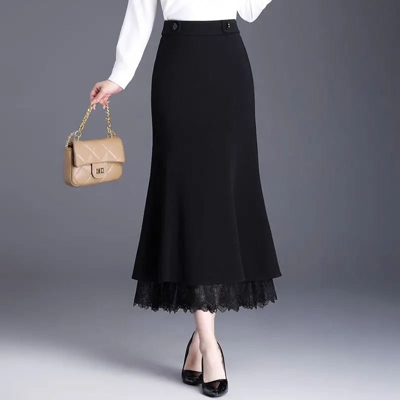 Autumn 2024 New Fashionable Patchwork Solid Color High Waist A-line Skirt Ladies Temperament Lace Slim Long Dress Women Clothes