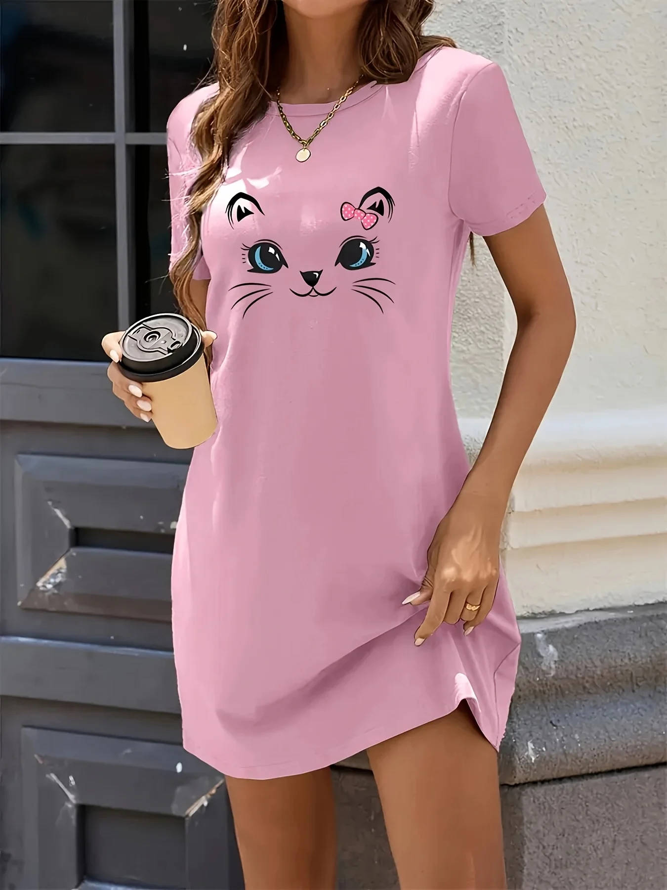 

Женское платье-футболка больших размеров с милым кошачьим лицом, платье-футболка с коротким рукавом и круглым вырезом, повседневное летнее дышащее платье-футболка