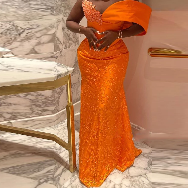 Orange Spitze Meerjungfrau Ballkleider schiere Hals ärmellose schwarze Mädchen formelle Gelegenheit Party kleid Abendkleider Robe de Soiree