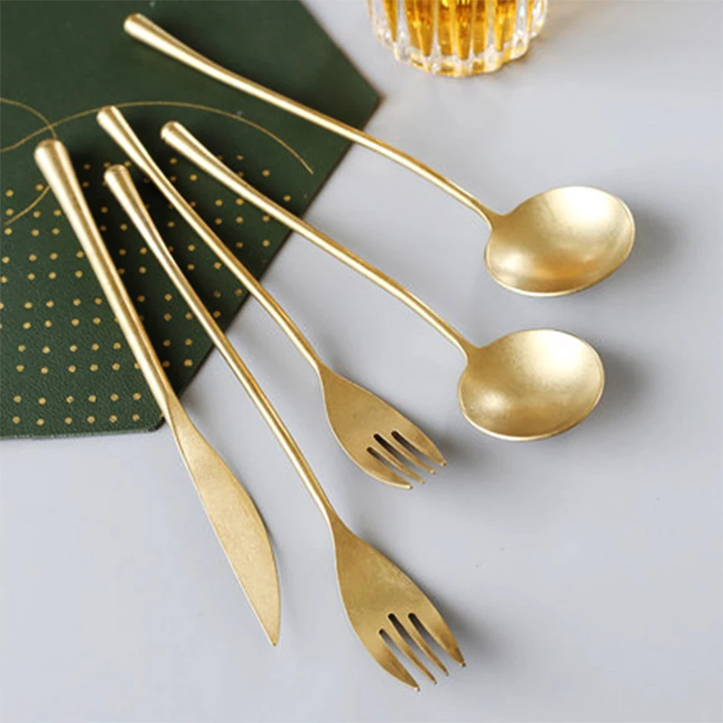 Vintage Golden 304 Stainless Steel Cutlery Set Steak Knife Fork Spoon Set Fruit Fork Dessert Coffee Spoon Flatware