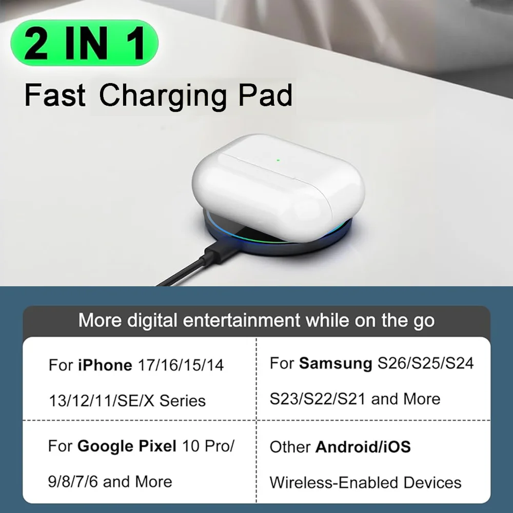 Wireless Charger, Compatible with iPhone, Samsung Phones & Apple Earphones. Induction Fast Charging Dock Pad, Compact & Portable view 5