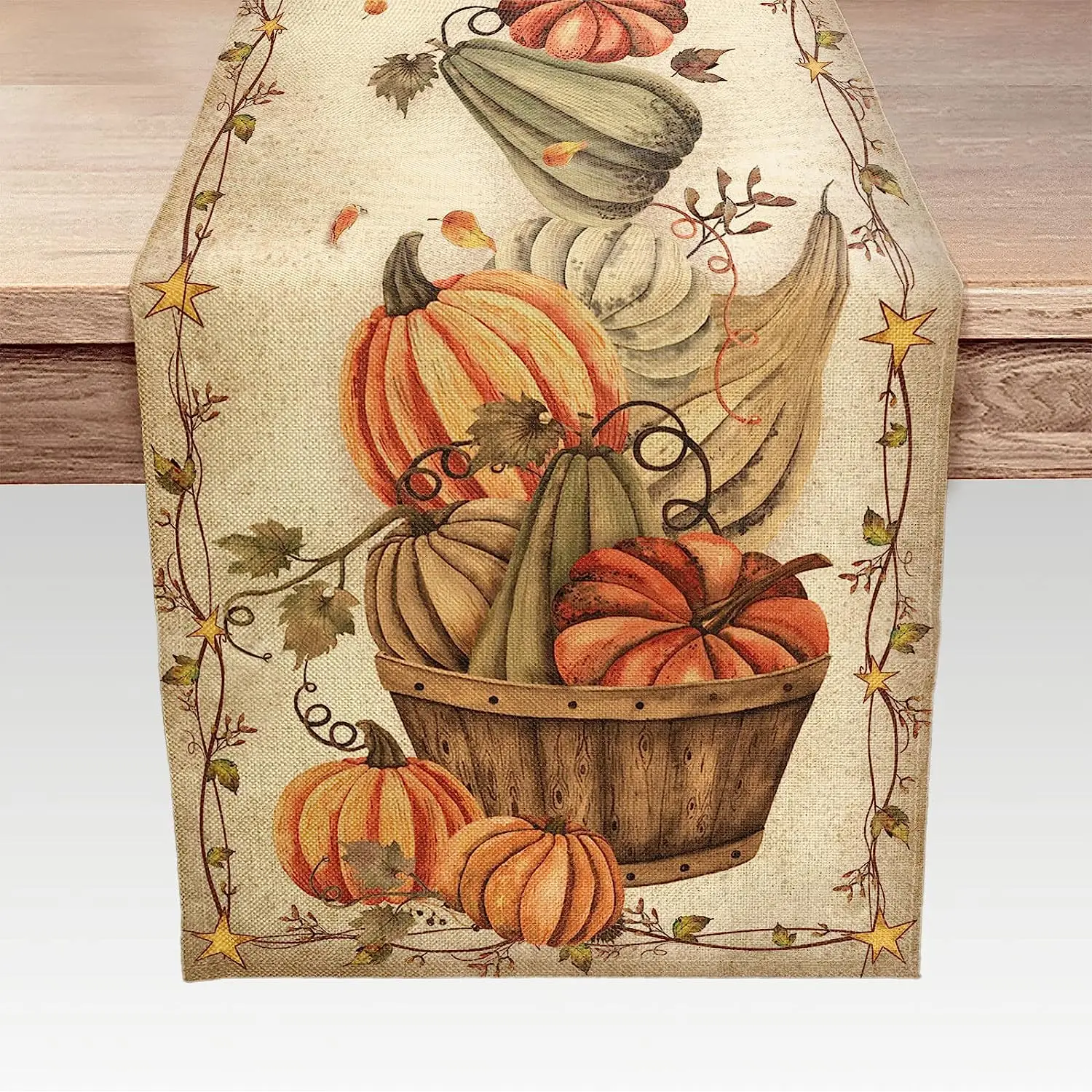 

Autumn Leaves and Pumpkin Print Kitchen Table Linen Table Runner, Thanksgiving Decor Table Runner Holiday Party Table Decoration