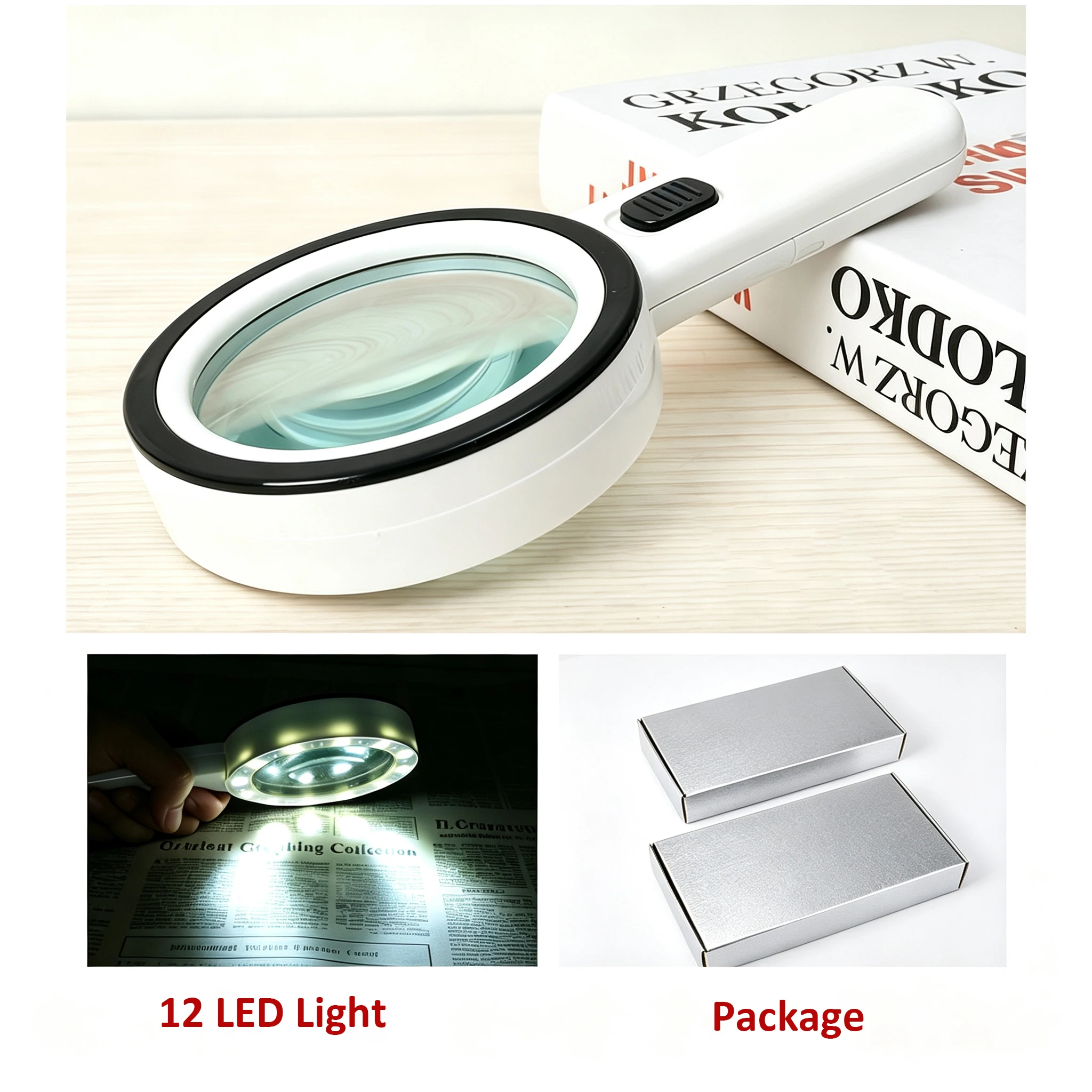 30X Handheld Magnifying Glass with 12 LED Light Double-Layer Glass Lens Reading Magnifier for Seniors Reading Jewelry Close Work