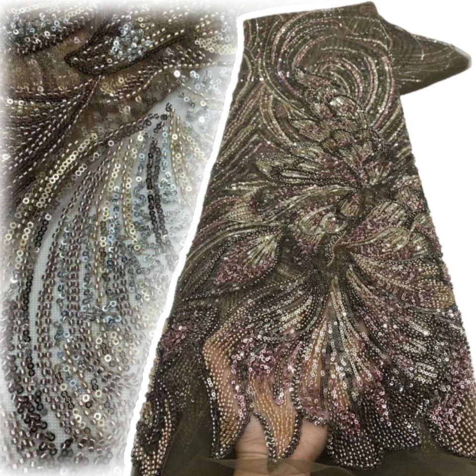 

Новая мода Африка, нигерийский художественный узор, ручная вышивка, блестки, Лидер продаж, французские бусины, тюлевое кружево для праздничного платья AH1803