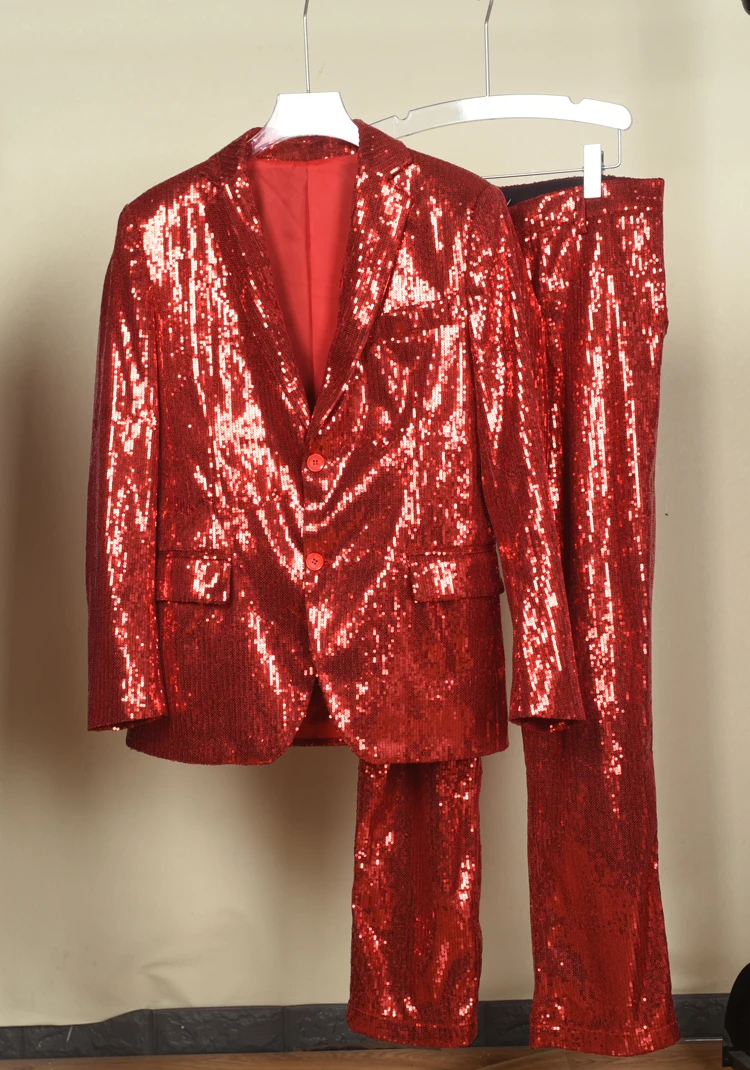 Red Sequin Suit Men Jazz Hip Hop Performanc Outfit Adult Street Dance Stage Team Costume Male Pants Trousers Jacket Dancewear