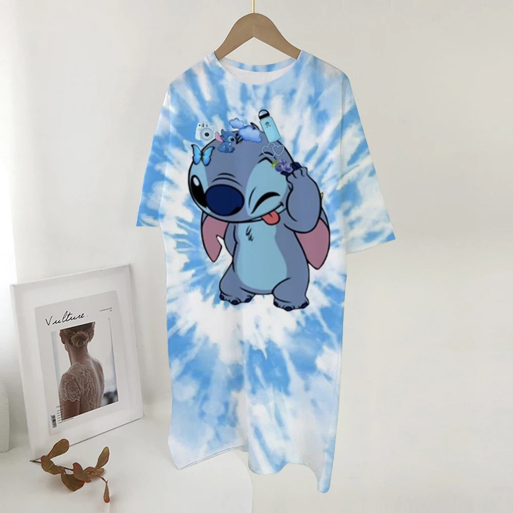 ディズニーステッチプリントドレス女性かわいい漫画半袖 O ネック Tシャツドレスファッション睡眠スカート毎日の基本的なドレッシング