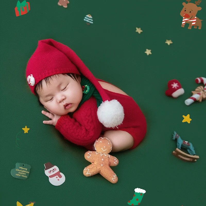 جديد عيد الميلاد الوليد التصوير الزي الطفل الدافئة الأحمر محبوك رومبير + قبعة/بوم بوم بوم + وشاح أخضر احتفالي حفلة أزياء الطفل