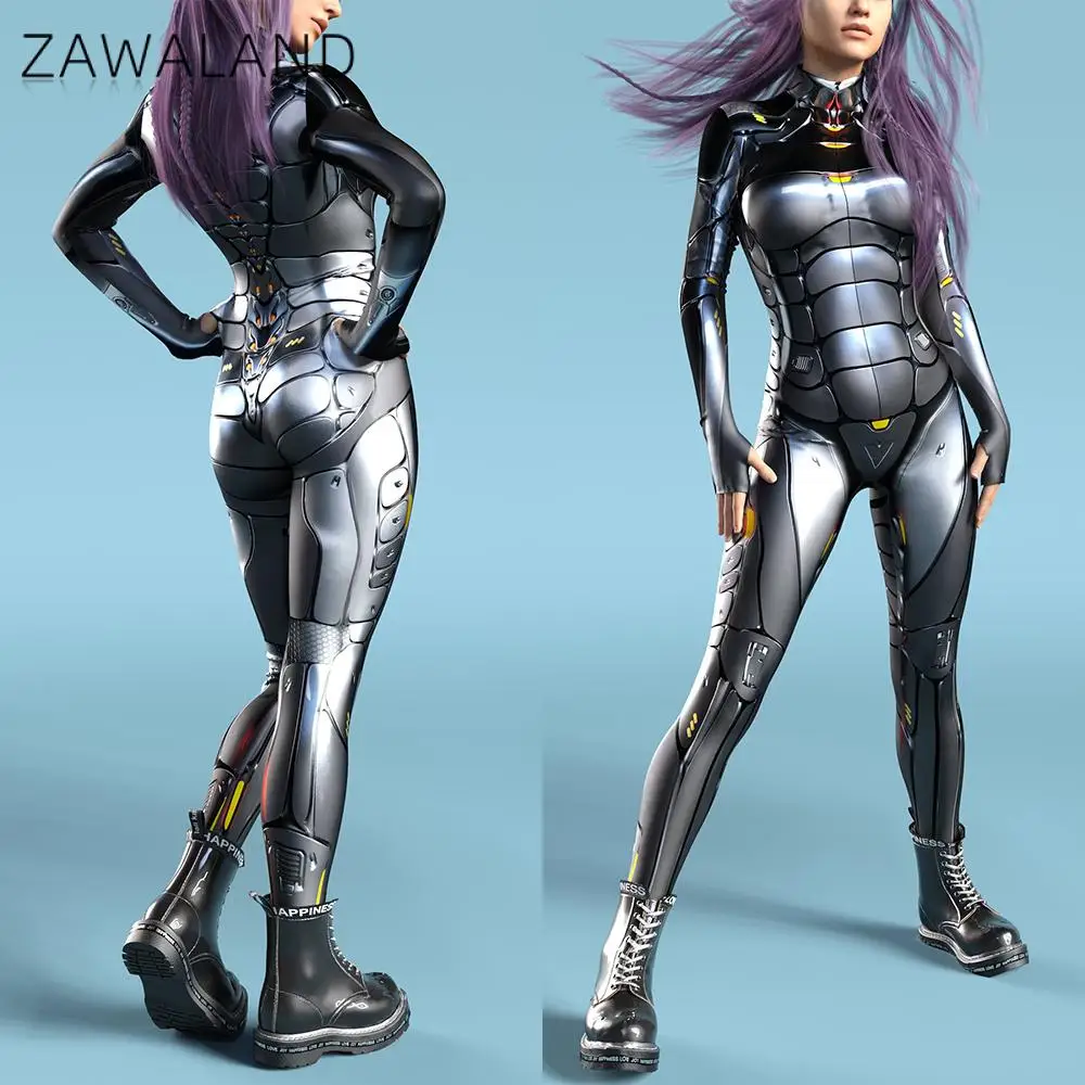 Zawaland-ハロウィーンのロボットパンクコスプレジャンプスーツ、女性、キャットスーツ、スチームパンク、タイツ、ボディスーツ、ファンシースーツ、コスチューム