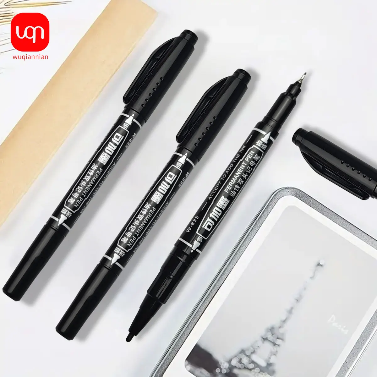 3pcs Wholesale Twin Tip Permanent Marker Pen Fine Point Waterproof Ink Thin Nib Crude Nib Black Ink 0.5mm-1mm Fine Color