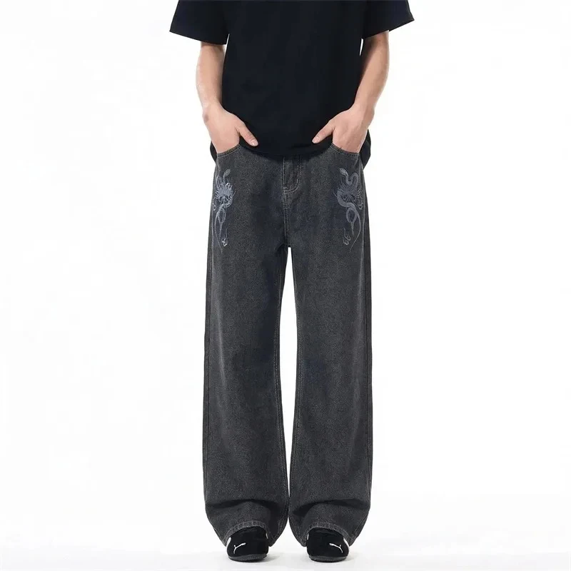 

Black Men's Baggy Jeans American Casual Printting Design Gray Wash Minimalist High End Comfortable Streetwear Denim Pants