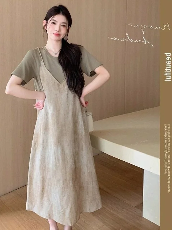 

plus Size 300 Pou Faionable Casual Patchwork Strap Dr Loose Slimming Long A-Line Skirt Trendy Women's Dr