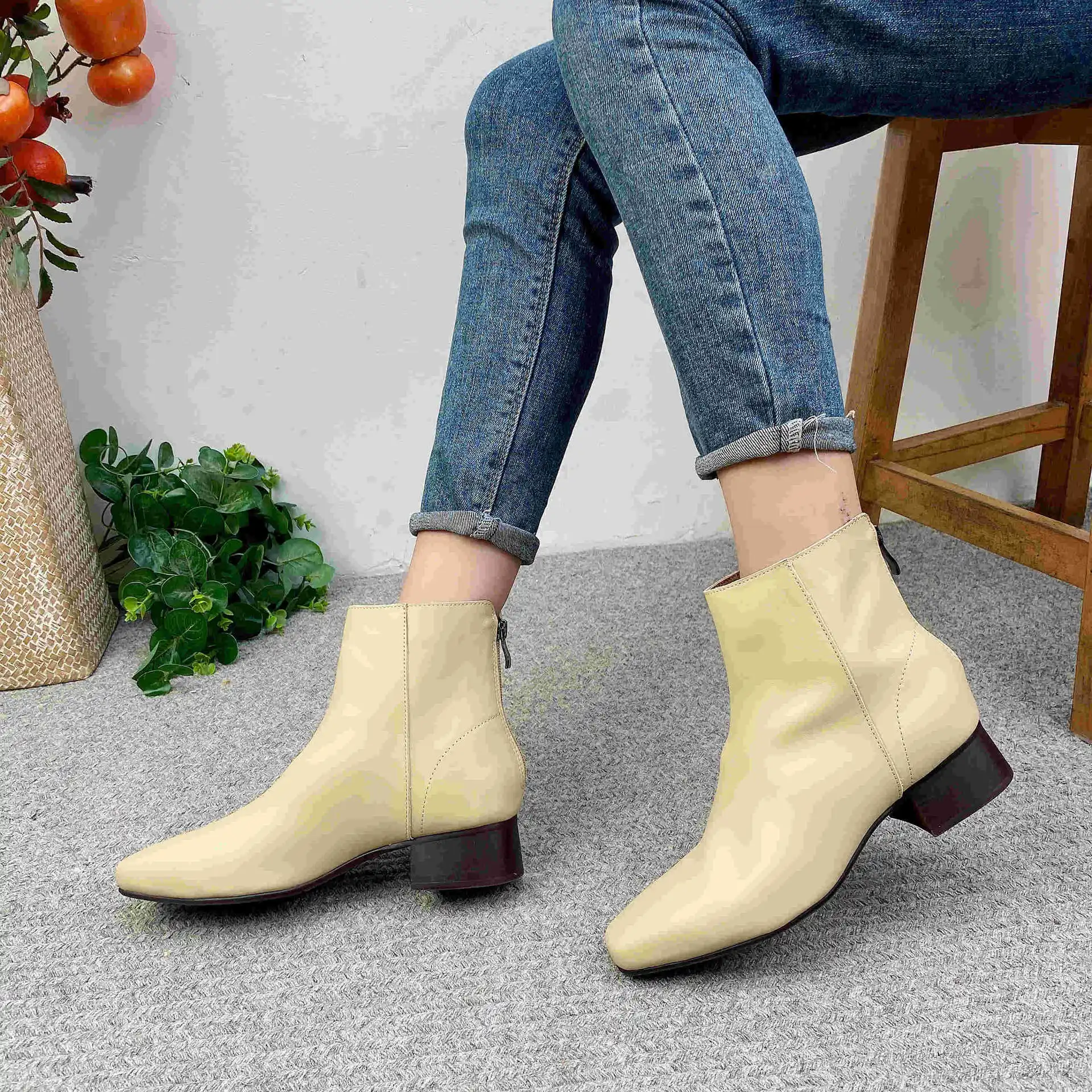 Careaymade-Genuine leather Spring New Pure Color Cowhide Back Zipper Short Boots Low Tube Round Head Korean Fashion Boots