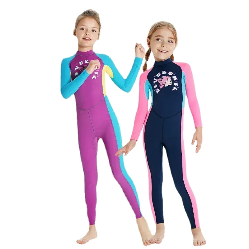 Kids Full Body Swimsuit for Girls Rash Guard Long Sleeve Wetsuit Skin One Piece Children Swimwear UPF 50+ Quick Dry